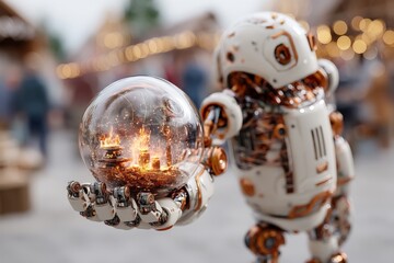 Fototapeta premium Robot holds glowing glass orb with fiery scene inside at a festive outdoor market during twilight