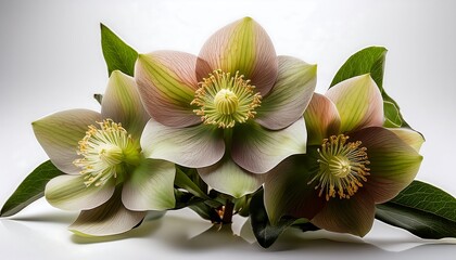 Naklejka premium Beautiful Lenten Rose Blooms with Green Accents on a Soft White Background for Floral Designs