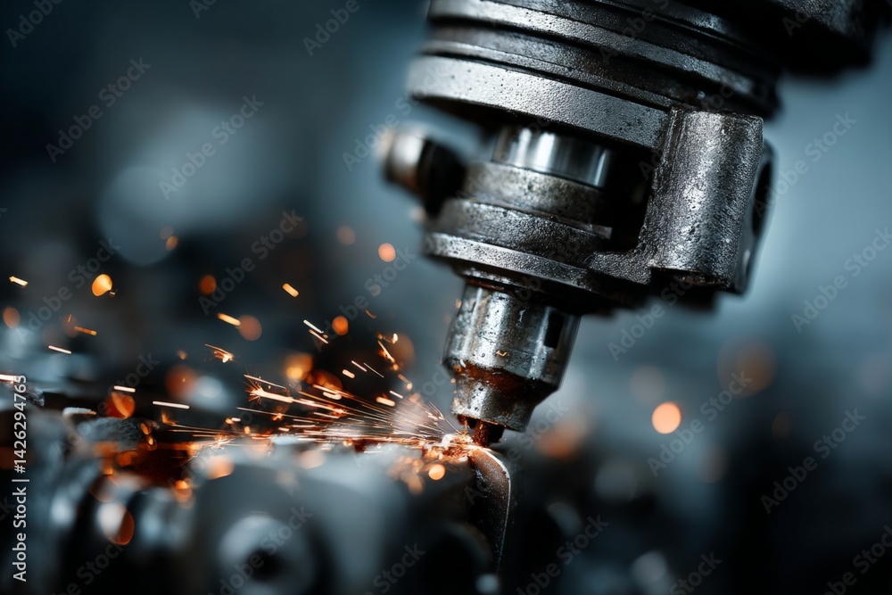 Aufkleber Metalworking process with precision machinery creating sparks in a workshop environment