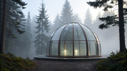 Obraz premium A serene glass dome structure nestled in a misty forest, surrounded by tall trees, creating a tranquil and mystical atmosphere.