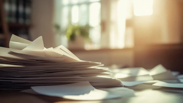 A sunlit office scene with scattered paperwork and plants in background