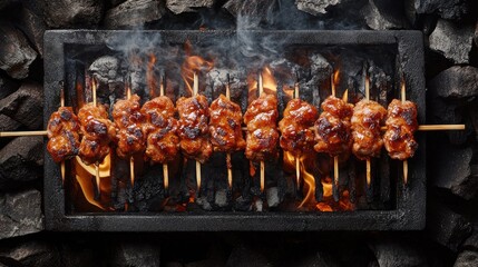 Karaage skewers lined on a grill rack with smoke rising, surrounded by glowing coals and rustic wood