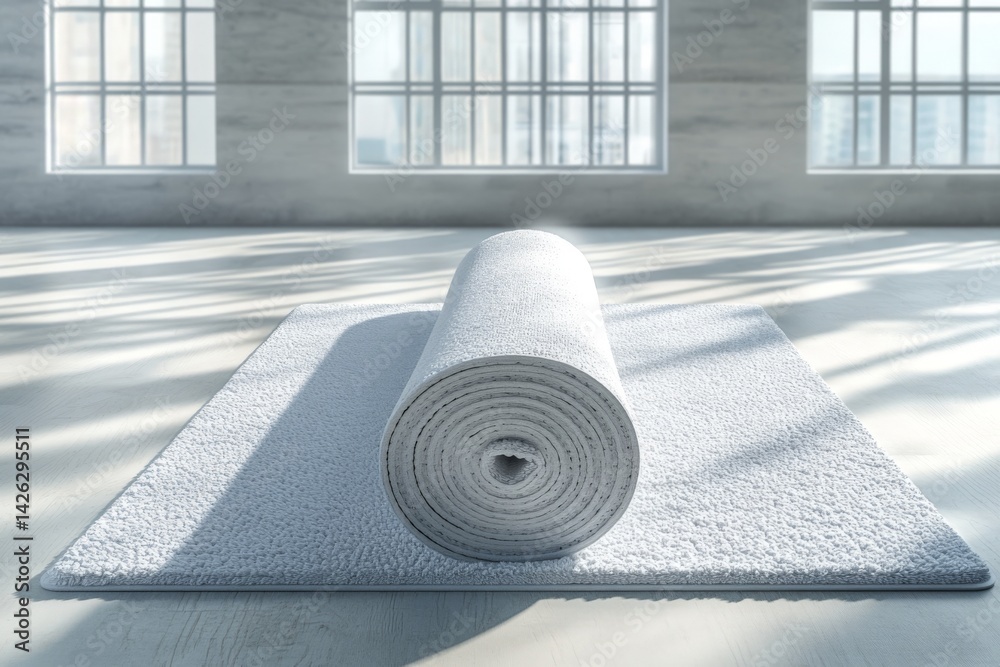 Aufkleber yoga mat rolled up on a stylish wooden floor in a sunlit studio, creating a serene environment for p