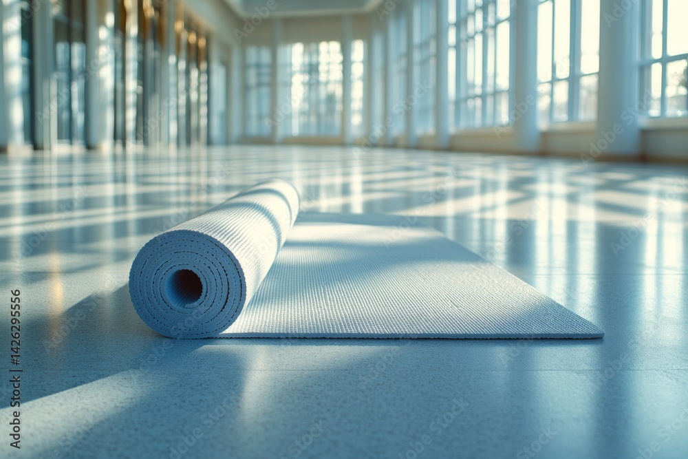 Poster Yoga mat ready for practice in a bright and spacious studio setting with soft sunlight streaming through large windows