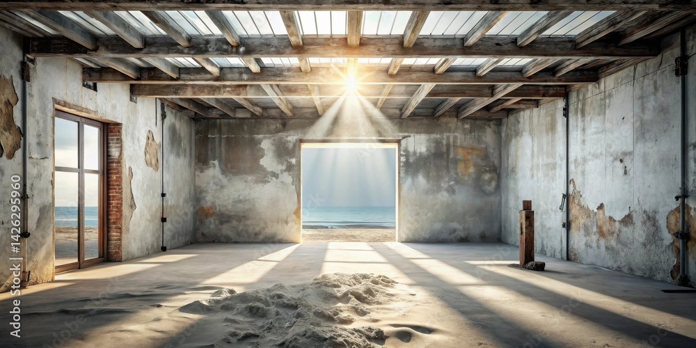 Poster sunlit derelict coastal structure with sandy floor and open doorway