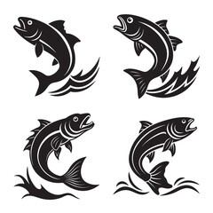 collection of fish icon with waves, umping Fish Silhouette Vector Design