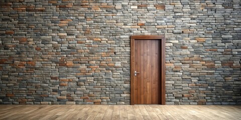 Rustic wooden door set against a multicolored stone wall in a room with hardwood flooring