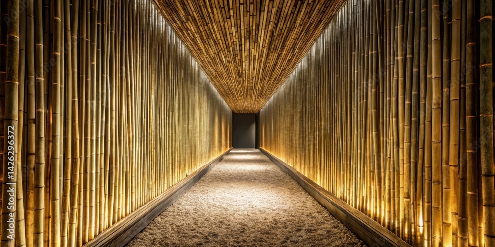 Aufkleber Serene Passageway Illuminated Bamboo Walls and Textured Floor in a Tranquil Corridor