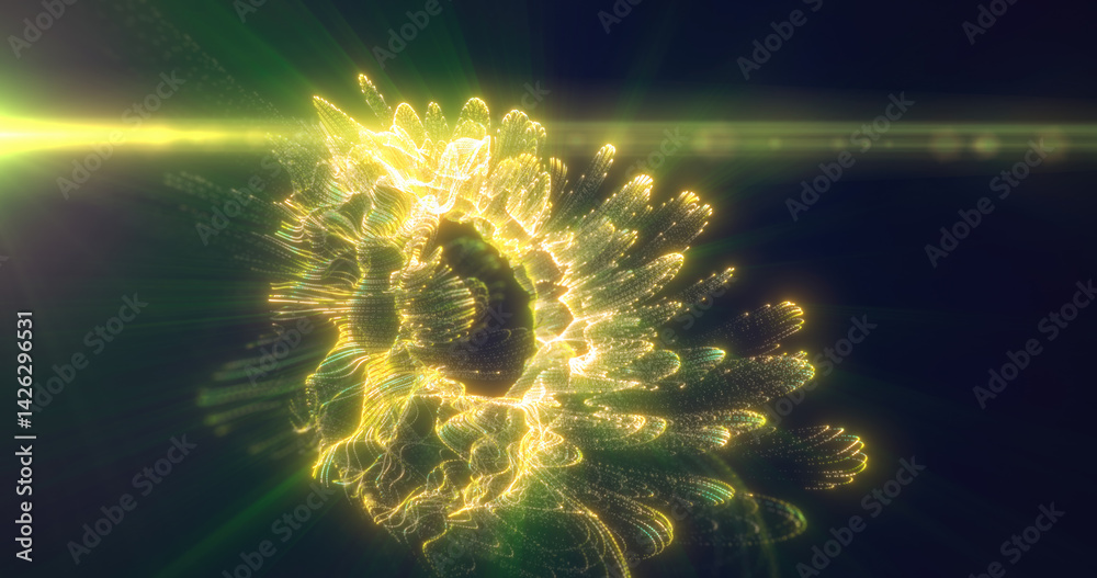 Poster bright green light vortex with intense illumination, creating a dynamic effect on a dark background