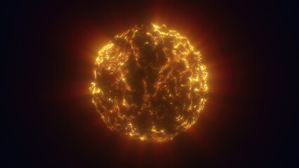 A golden glowing sphere with intricate light patterns, emitting a warm radiant glow, symbolizing futuristic technology