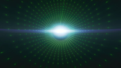 Green futuristic grid tunnel pattern converging to a bright focal point, symbolizing data flow, digital connections, and technology advancement background