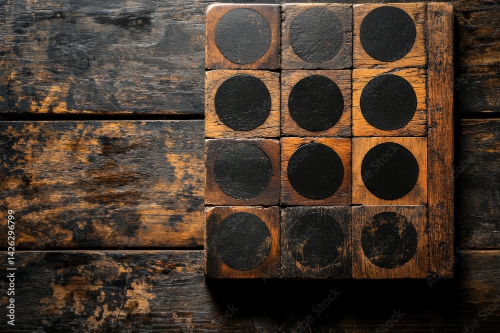 Poster Classic wooden game board with black circles displayed on a rustic table in soft lighting