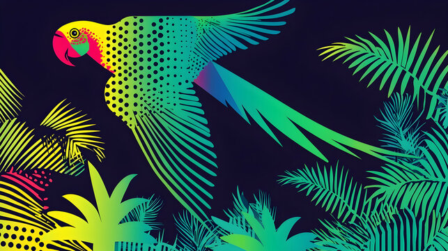 Colorful parrot in flight, tropical foliage background, vibrant design, perfect for textile prints