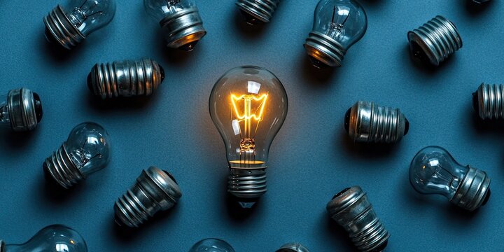 A single illuminated lightbulb among many unlit ones on a dark blue background.  Represents unique ideas or innovation