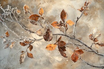 Frozen Autumn Leaves on a Branch