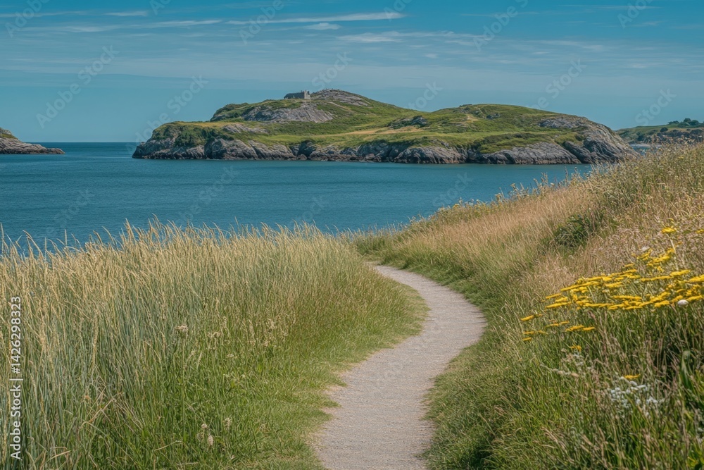 Poster coastal pathway leading to an island with lush greenery and calm waters under a clear sky in summer
