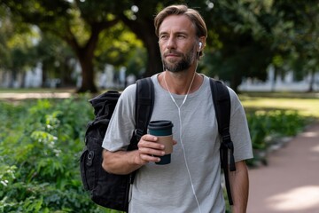 Fototapeta premium A thoughtful man strolls through a lush park, sipping coffee and listening to music, embodying a serene moment of relaxation and urban exploration in nature.