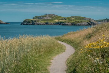 Fototapeta premium Coastal pathway leading to an island with lush greenery and calm waters under a clear sky in summer