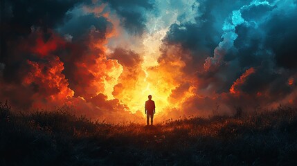 Solitary figure confronted by a dramatic, contrasting sky.