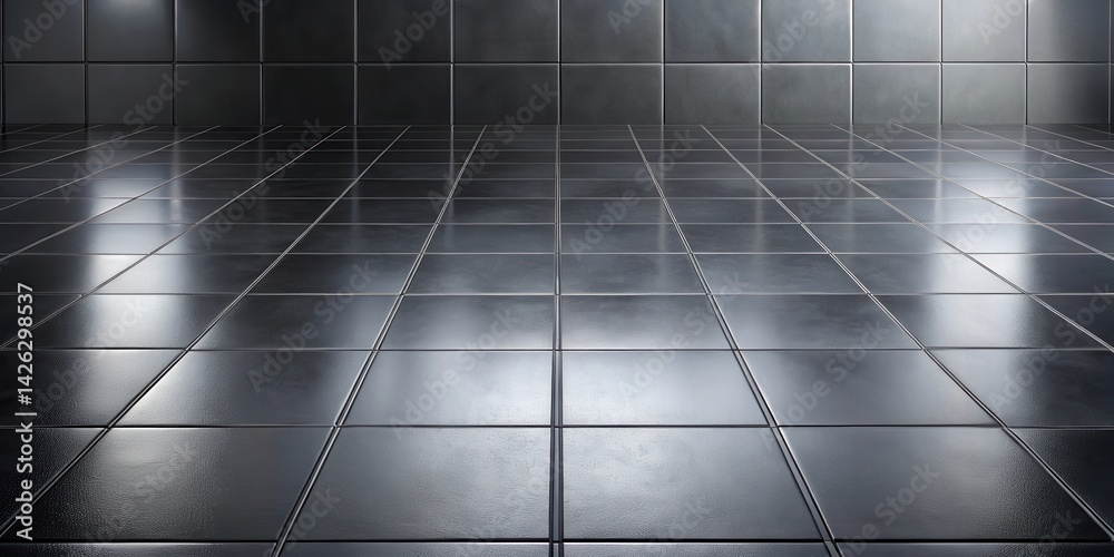 Poster sleek dark tiles on a floor reflect light from above, creating a modern and minimalist interior scen