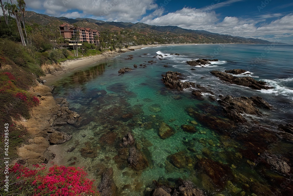 Poster coastal view showcasing rocky shoreline and clear turquoise waters in a scenic location during dayti