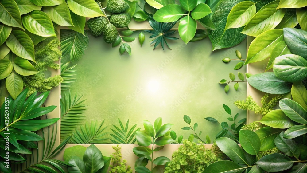 Poster lush green foliage border with central space for text or image featuring various tropical and non-tr