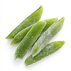 Frozen, fresh-tasting, vibrant green snap peas, ready to cook.  A close-up top view shows several  pieces of the frozen vegetable, showcasing their slightly frosted texture