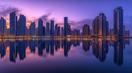 Obraz premium Serene cityscape at dawn, mirrored in calm waters. Sky hues paint a vibrant backdrop