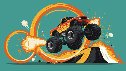 Vector illustration of a monster truck jumping with excitement above a colorful background
