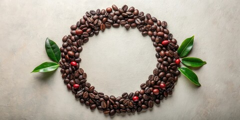 Circular arrangement of roasted coffee beans and fresh leaves creating a frame for text or logo