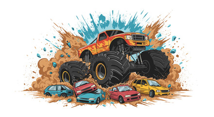 Vector illustration of a monster truck crushing cars with explosive dust and debris on a vibrant background