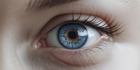 Obraz premium A close up of a blue eye with a dark brown iris.