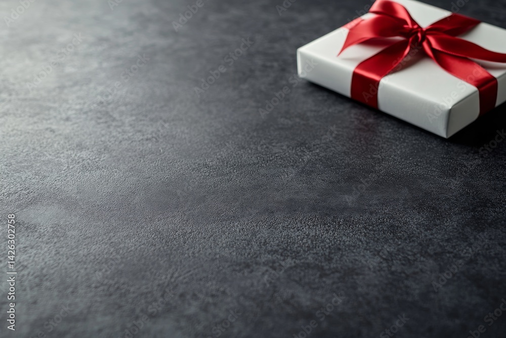 Poster close-up view of a minimal white gift box adorned with a sleek red satin ribbon, against a smooth ch