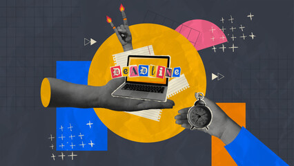 Time Management Halftone Collage. Surreal collage with halftone hands holding a laptop labeled DEADLINE and a clock, symbolizing urgency and creative pressure, surrounded by geometric shapes.