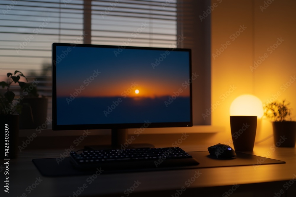 Aufkleber Close-up of a sleek desk setup with a monitor displaying a sunset, a black keyboard, and mouse, illuminated by soft lighting for an organized workspace