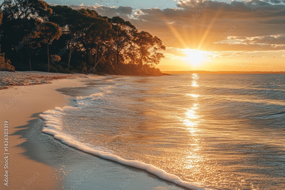Aufkleber Sunset illuminating calm waves along a tranquil beach with trees in the background at evening