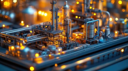 A miniature model of an industrial complex with illuminated pipes and tanks.