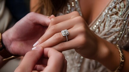 Engagement proposal showing a woman's hand with a square-cut engagement ring.