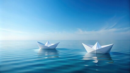 Two white paper boats float serenely on a calm, blue ocean under a bright sky