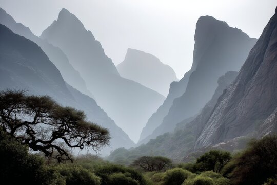 Dramatic mountain landscape shrouded in mist at dawn revealing silhouettes of rugged peaks and sparse vegetation