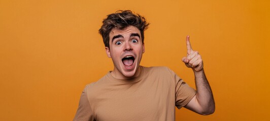 Young surprised man in blue t-shirt looking at camera with open mouth, pointing right