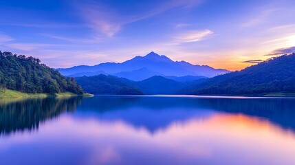 Serene sunrise over tranquil lake reflecting majestic mountains