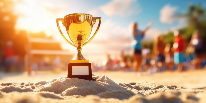 A golden trophy stands on sandy beach, illuminated by sunlight, with people enjoying activities in the background, symbolizing victory and celebration.