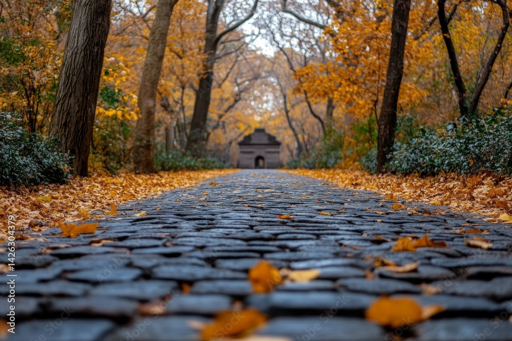 Poster Pathway lined with autumn leaves leads to a historic structure in a tranquil park setting