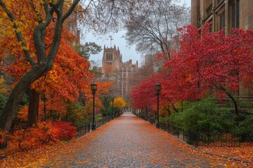 Naklejka premium Vibrant autumn colors fill the path in a historic university campus in the heart of the city during late afternoon