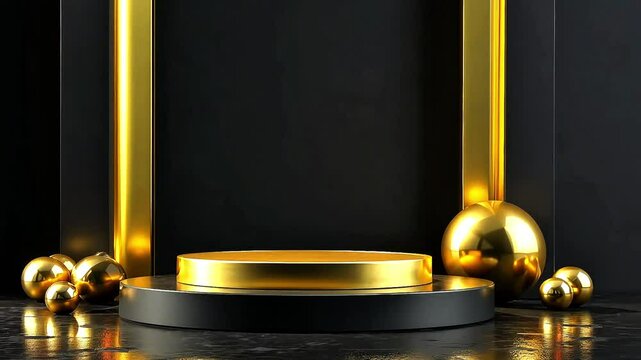 Minimalist golden podium standing on black wall background, gold decor, precious metal stage, for product display, presentation, promotion, design template