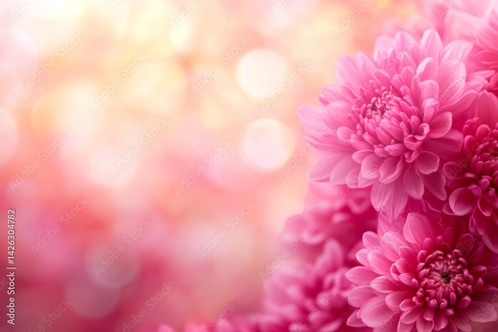 Poster A pink chrysanthemum shares its vibrant petals on the right, set against a soft, glowing bokeh background creating a serene atmosphere perfect for text