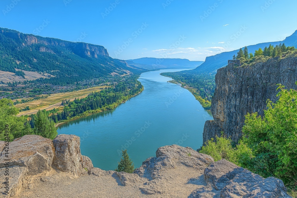 Aufkleber serene view of a winding river surrounded by cliffs and lush greenery under a clear blue sky