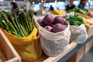 Beautiful fresh asparagus and vibrant beets are artistically presented in eco-friendly bags at a lively market, emphasizing a dedication to healthy food choices.