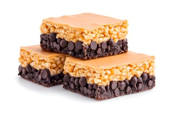 Three layered caramel-topped chocolate chip brownie squares